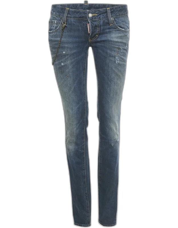 Dsquared2 Blue Denim Distressed Slim Fit Jeans S With Signature Distressing And Dark Wash