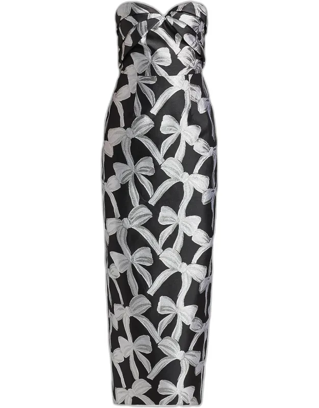 Strapless Bow Jacquard Column Maxi Dress