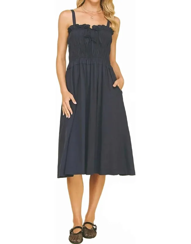 Front-tie Detailed Smocking Midi Dress