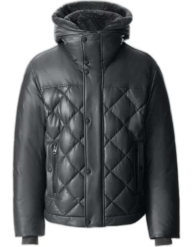 Cash Down Quilted Leather Jacket With Shearling Hood