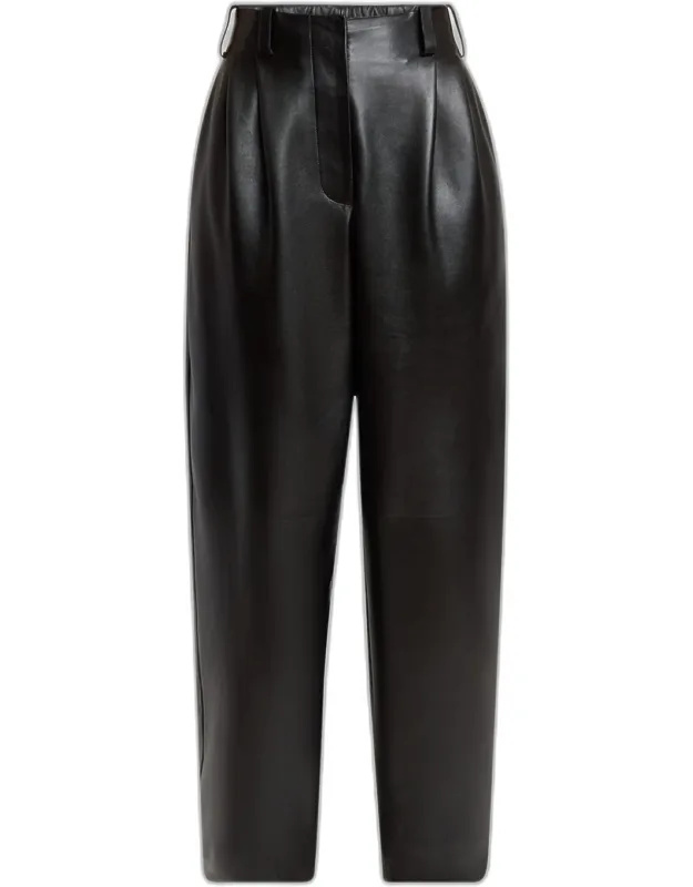 Double Pleated Leather Barrel-leg Trousers