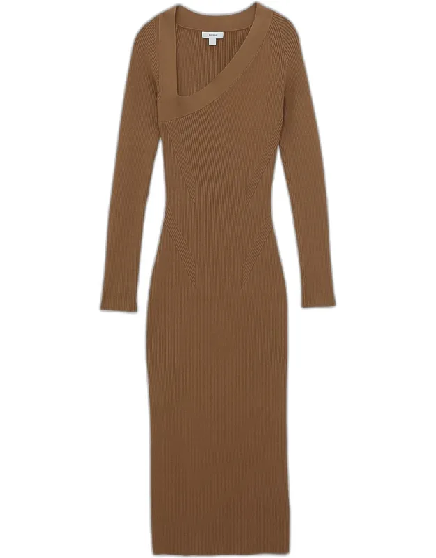 Asymmetric-neck Rib-knit Midi Dress