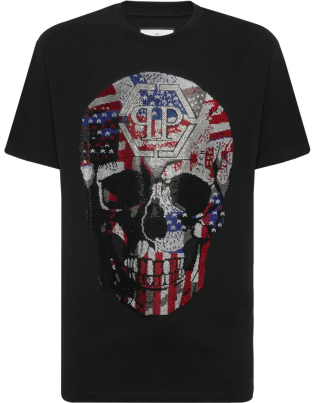 Round Neck T-shirt With Rhinestoned Pattern And Logoed Patch