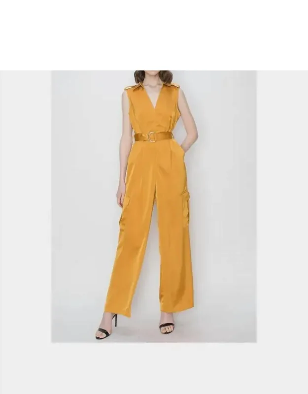 Satin V-neck Side Pockets Cargo Pants Jumpsuit