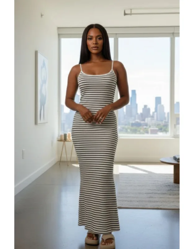Rib Knit Striped Bodycon Maxi Slip Dress