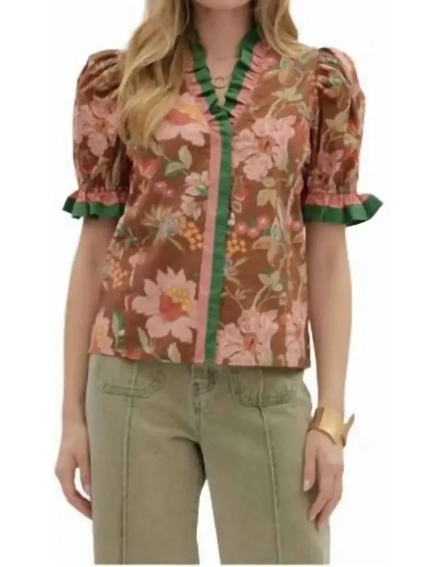 Floral Contrast Trim Top
