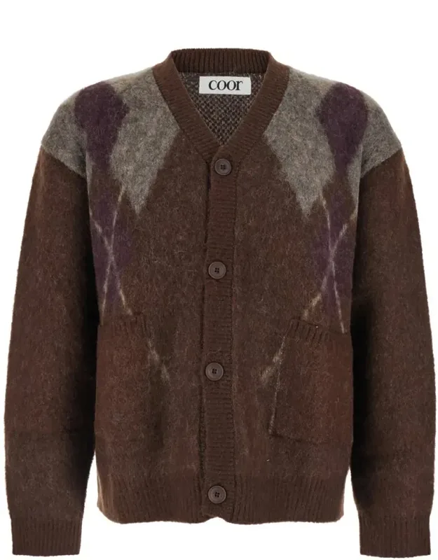 Cardigan With V Neck And All-over Argyle Motif In Wool Blend