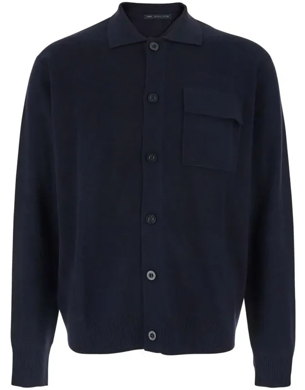 Cardigan With Polo Shirt Style Collar And One Front Patch Pocket In Wool