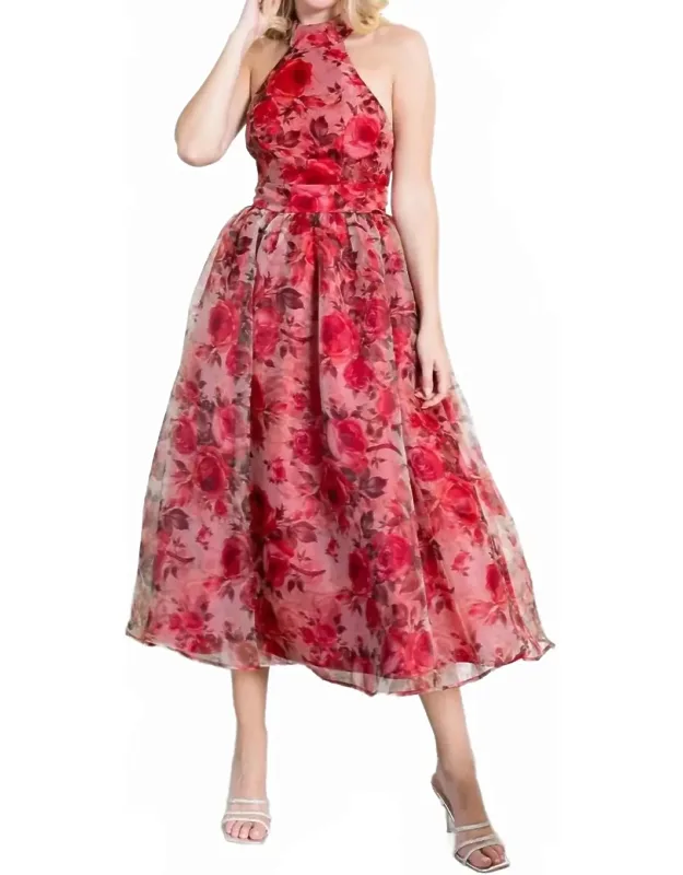 Floral Organza Halter Midi Dress