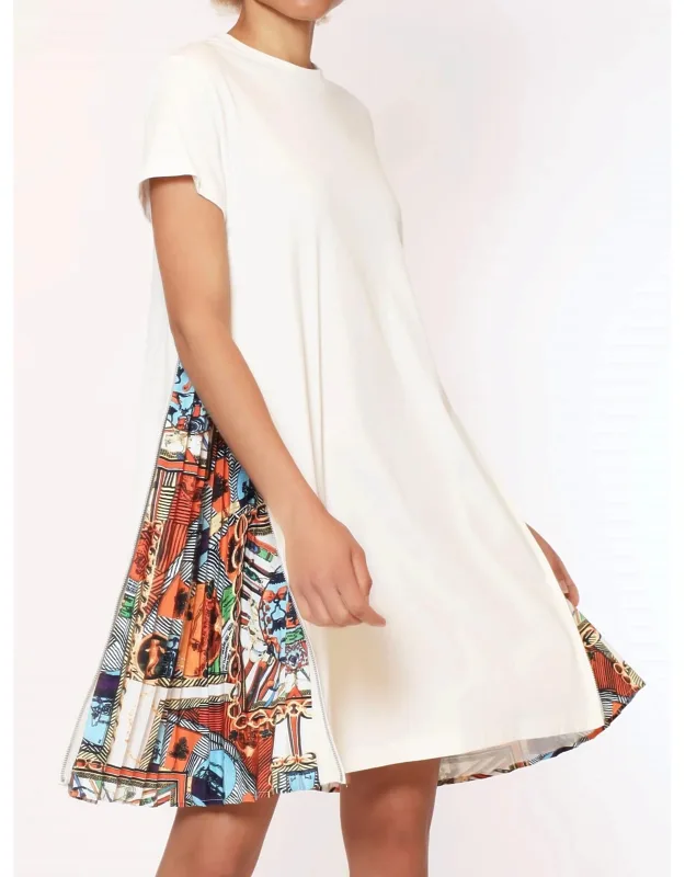 Short Sleeve Dress With Side Zipper, Print Pleats
