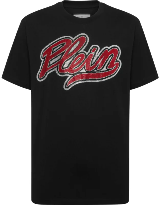 Round Neck T-shirt Signature With Rhinestoned Pattern And Rib Knit Neckline