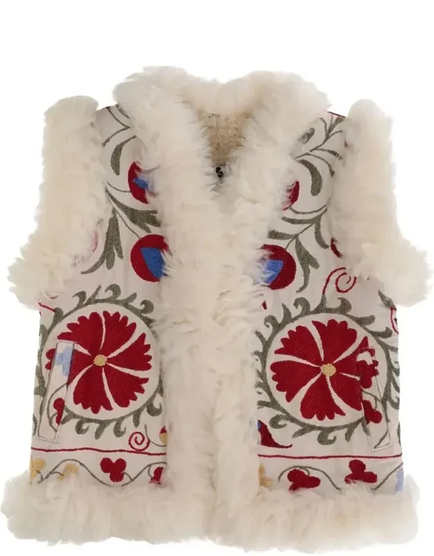 Multicolor Sleeveless Jacket With Fur Trims And All-over Floral Motif In Cotton