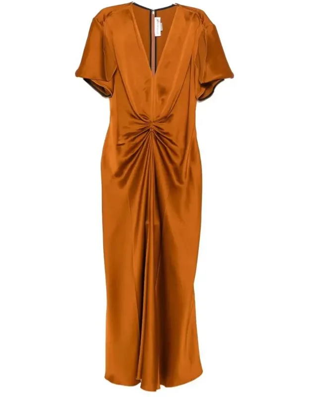 Gathered V Neck Midi Dress