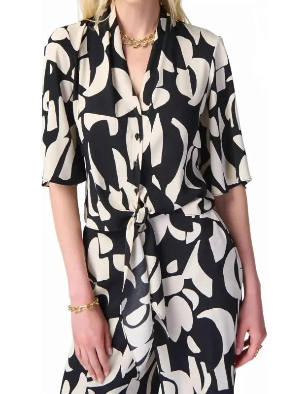 Geometric Print Tie Front Blouse