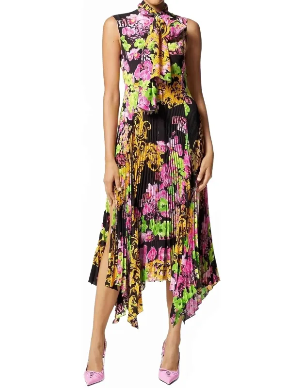 Floral Printed Asymmetric Pleated Dress