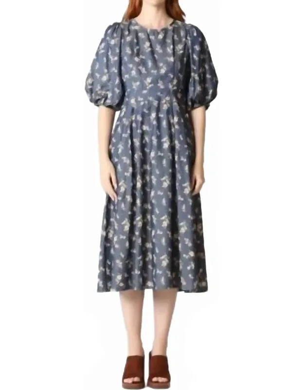 Floral Print Puff Sleeve Round Neck Long Dress