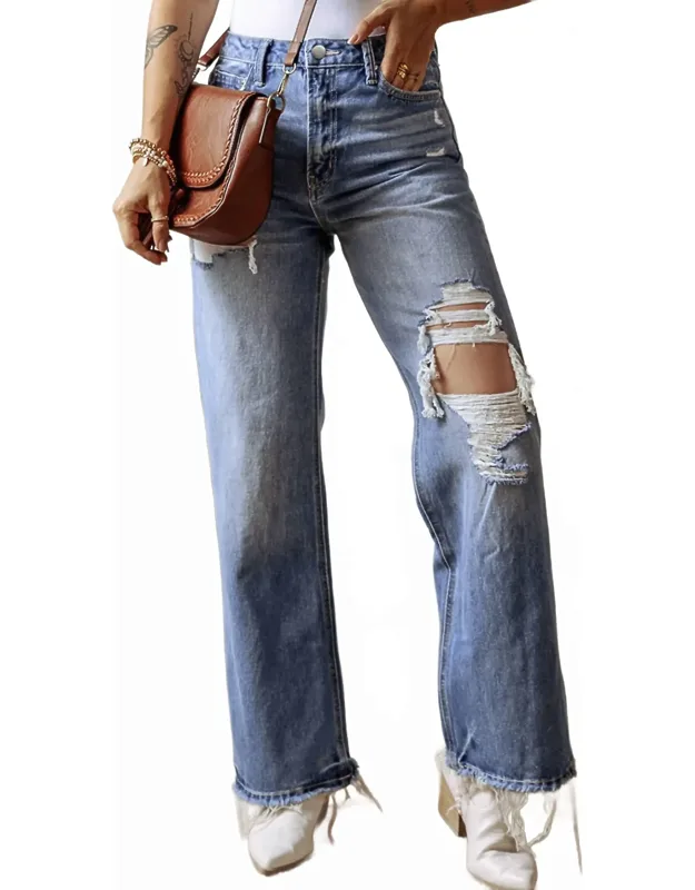 Distressed High Waist Straight Jeans