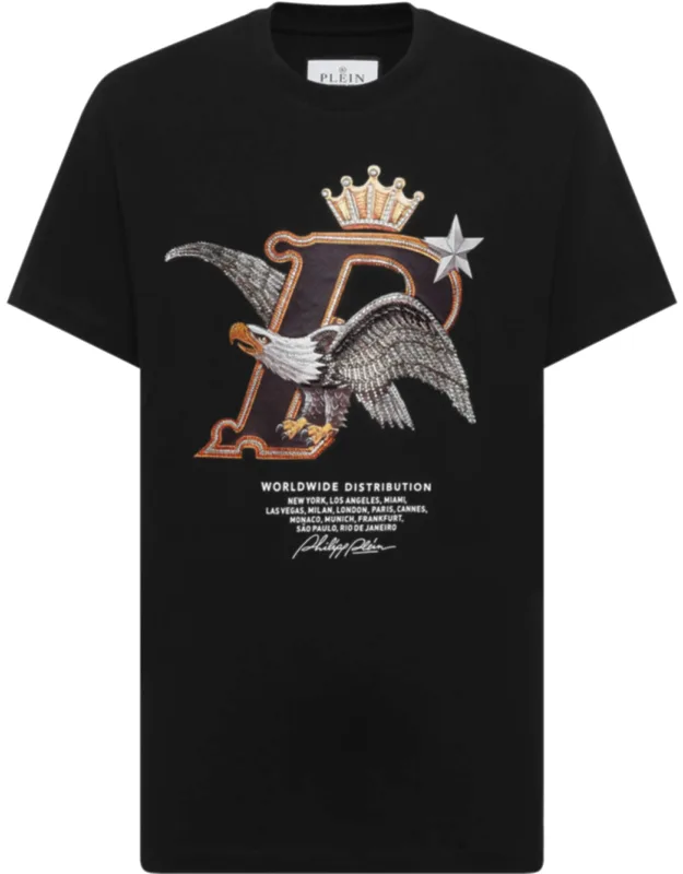 Round Neck T-shirt Worldwide With Rhinestoned Pattern And Rib Knit Neckline