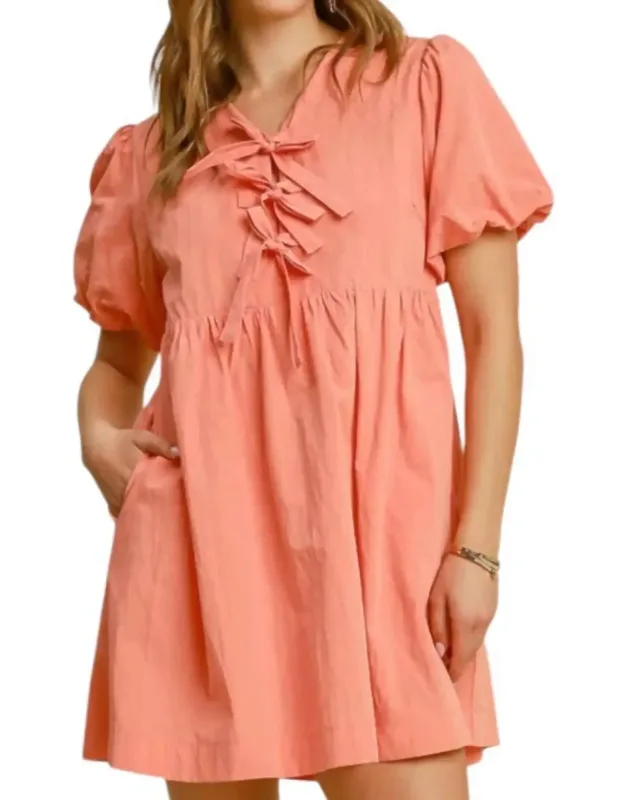 Babydoll Bows Fit And Flare Balloon Sleeve Dress