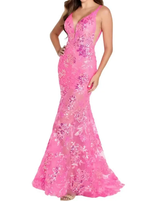 Floral Sequin Fit And Flare Prom Dress