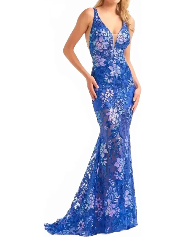 Floral Sequin Fit And Flare Prom Dress