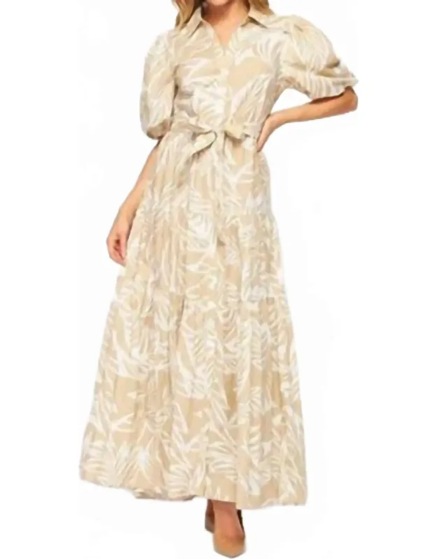 Woven Palm Print Bubble Sleeve Maxi Dress