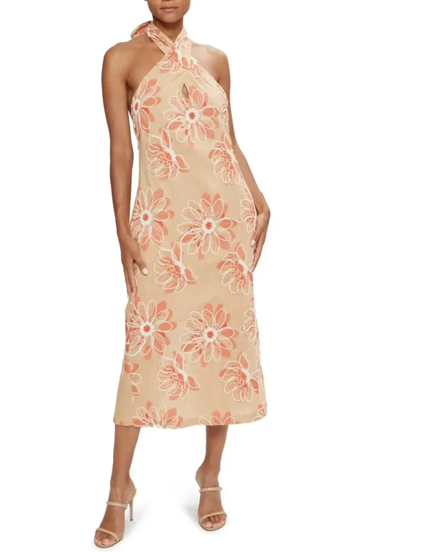 Embroidered Halter Midi Dress