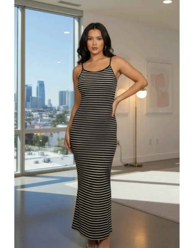 Rib Knit Striped Bodycon Maxi Slip Dress