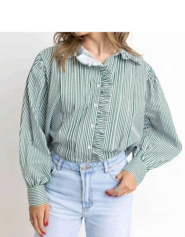 Striped Pleat Ruffle Trim Top
