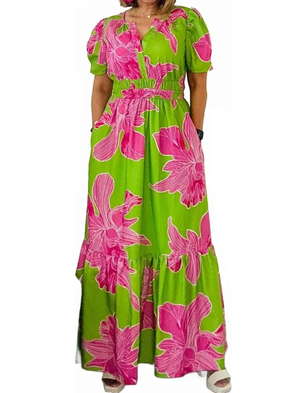 Notched Flared V-neck Maxi Dress