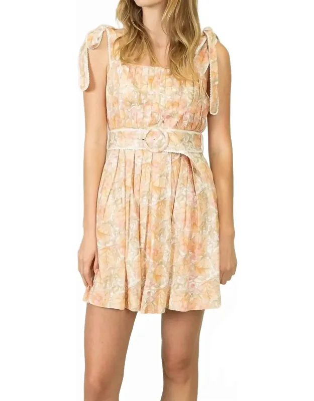 Linen Print Crochet Trim And Pleated Belt Mini Dress