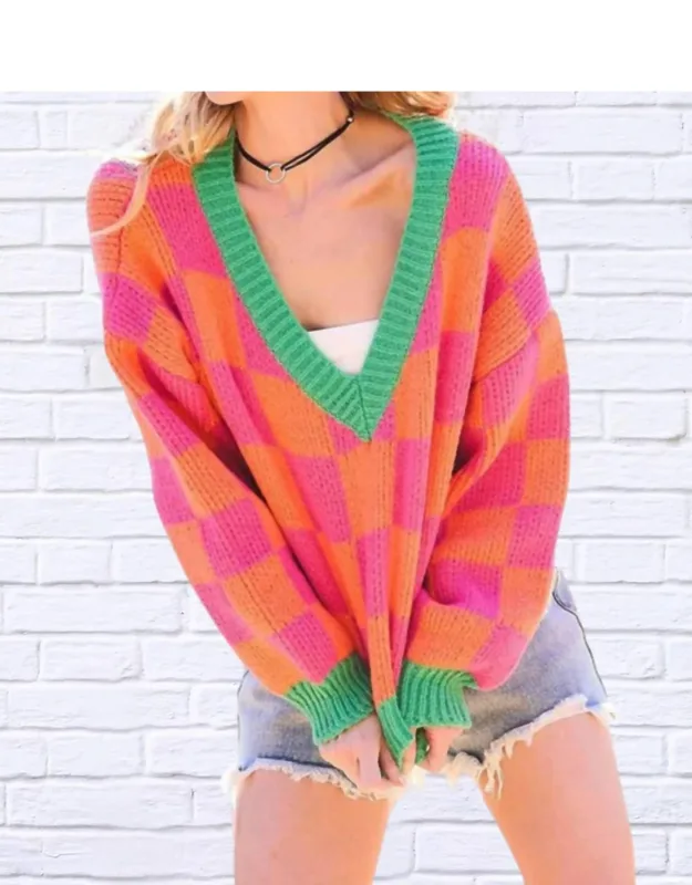 V-neck Checkered Sweater