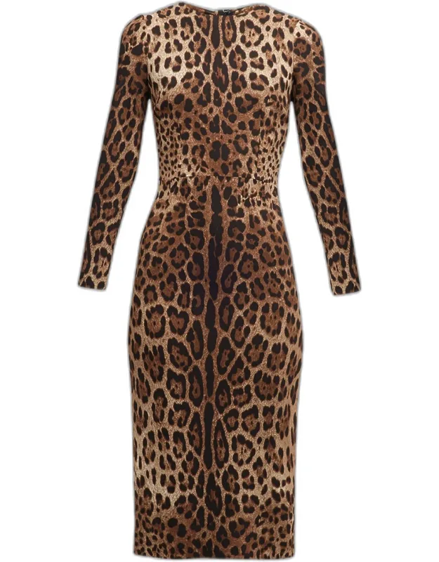 Leopard-print Long-sleeve Midi Dress