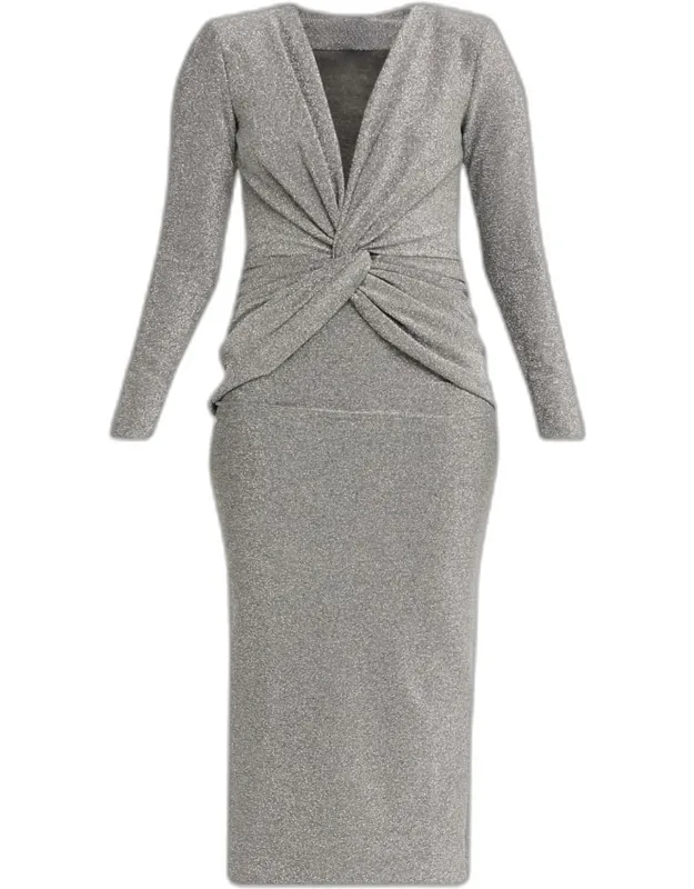 Twist-front Shimmer Bodycon Midi Dress