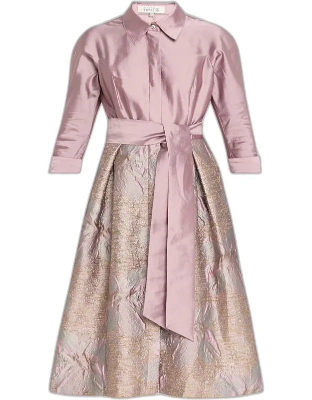 Taffeta Midi Shirtdress With Spread Collar And Threequarter Sleeves