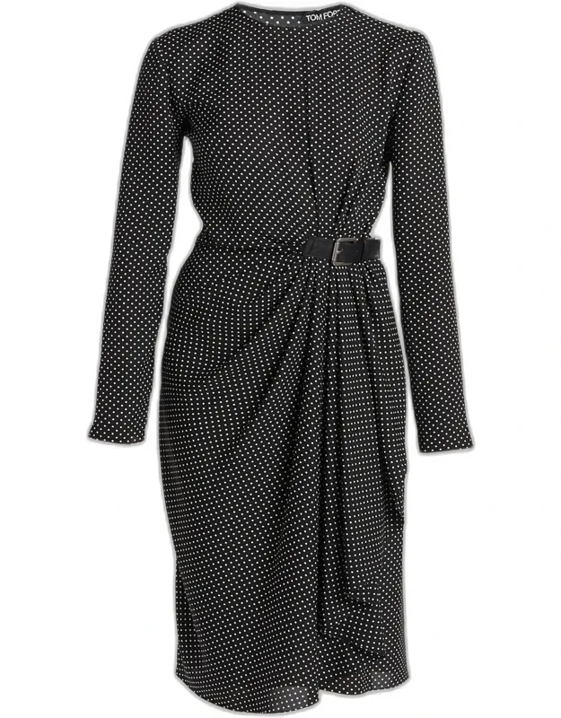 Polka Dot Silk Gathered Buckle Midi Dress