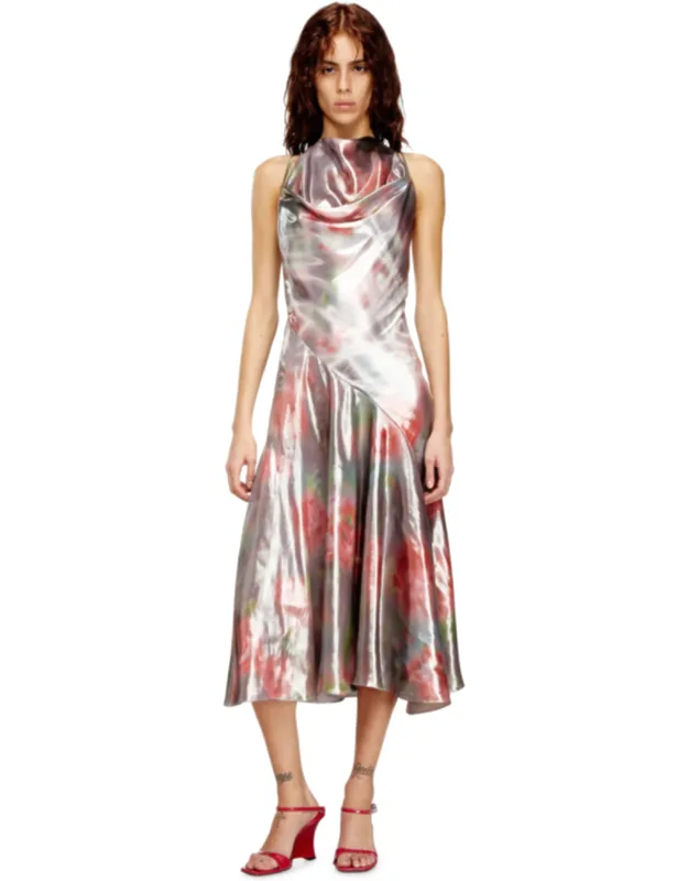 Metallic Midi Dress With Rose Print