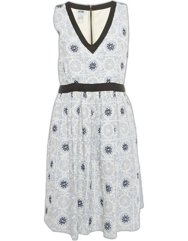 Striped Embroidered Cotton Blend Midi Dress