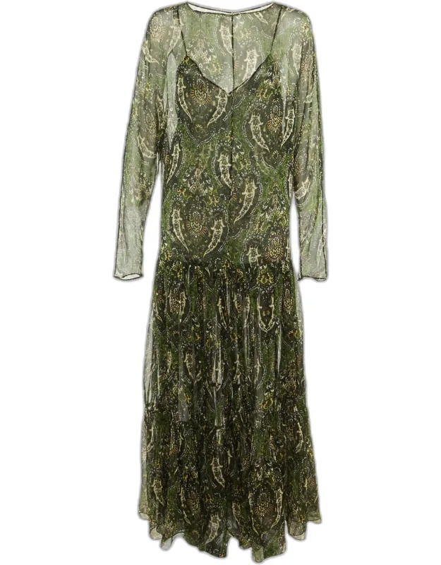Paisley Print Silk Sheer Maxi Dress