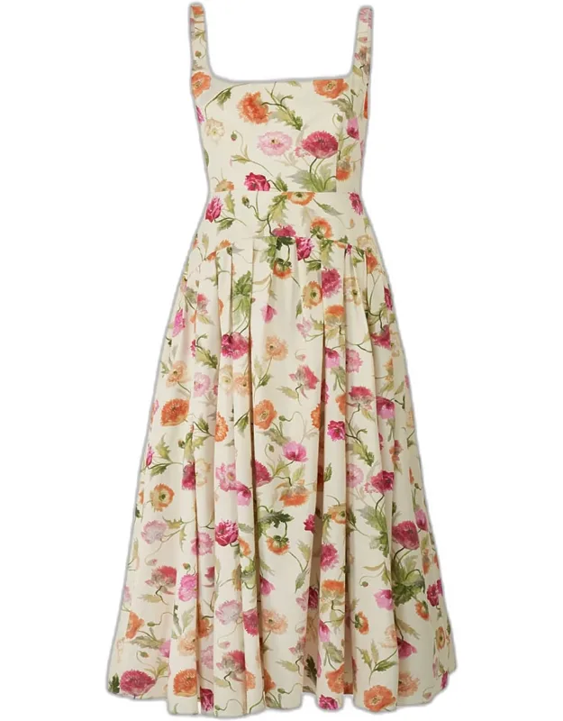 Floral Sleeveless Drop-waist Pleated Midi Dress