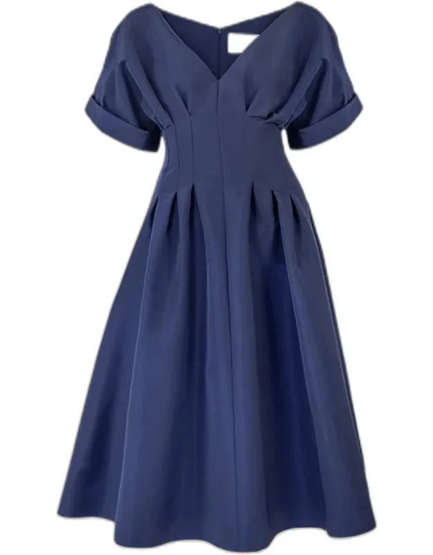 Pleated V-neck Midi Dress