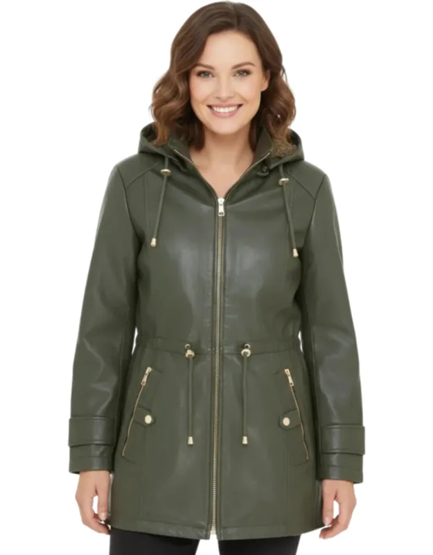 Leather Parka With Removable Borg Hooded Trench Coat
