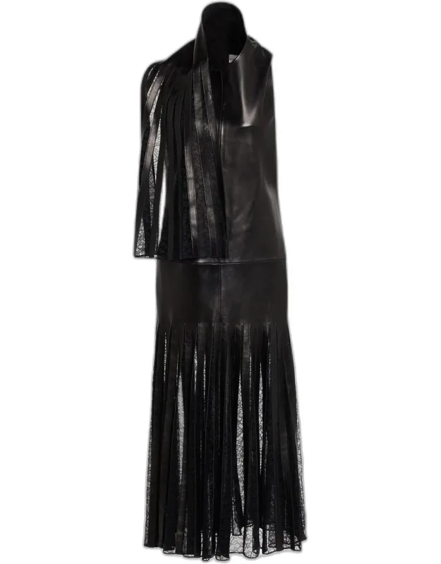Lace-inset Scarf-neck Leather Maxi Dress