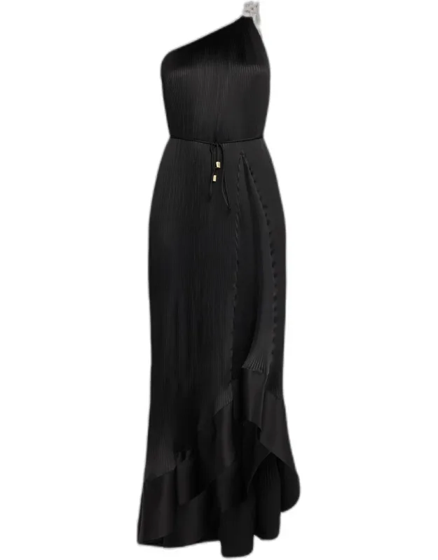 One-shoulder Pleated Satin Maxi Dress