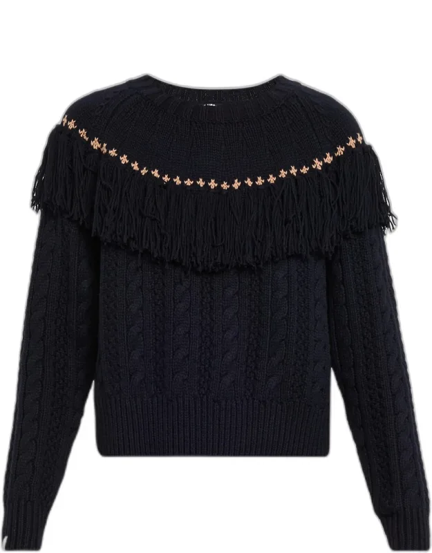 Tassel Cable Knit Crewneck Sweater