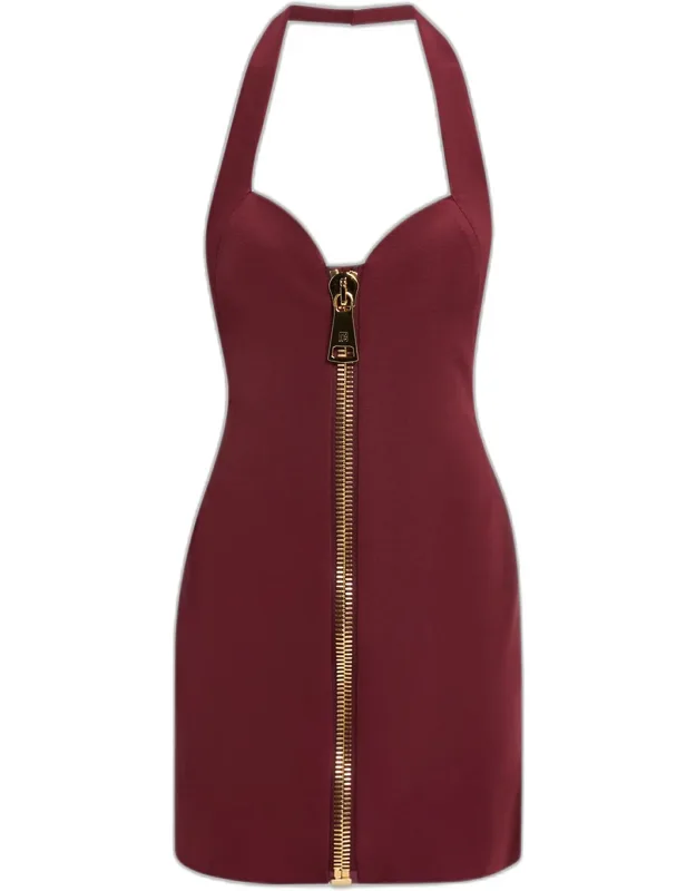 Zip-front Compact Knit Halter Mini Dress