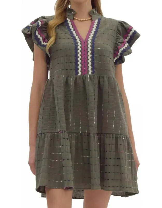 Textured Mini Dress With Multi Color Ric Rac Trim