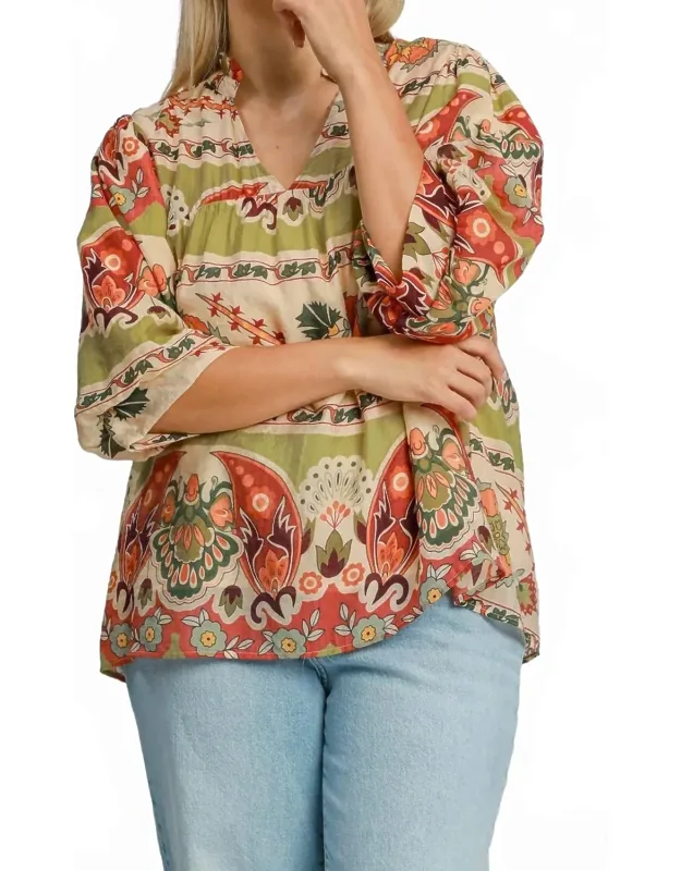 Border Print Split Neck Top With Puff Sleeves