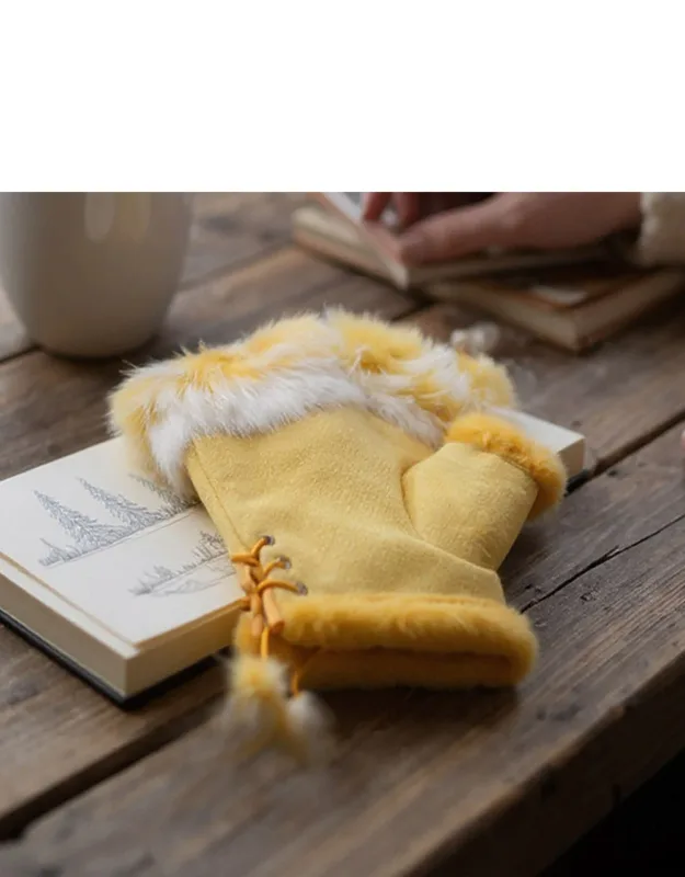 Two Toned Real Fur Trim Fingerless Gloves