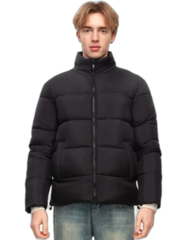 Solid Puffer Coat With Stand Up Collar